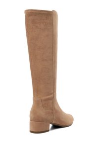Tan suede knee-high boot with a rounded toe, block heel, and minimal stitching detail along the sides. Smooth texture.