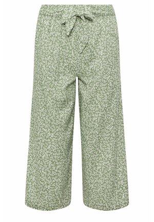Pantaloni verdi a gamba larga con stampa botanica bianca e cintura in tessuto annodata in vita elastica, vista frontale.
