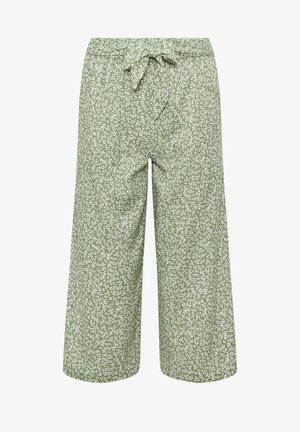 Pantalon vert à jambes larges avec imprimé botanique blanc et ceinture en tissu nouée à la taille élastique, vue de face.