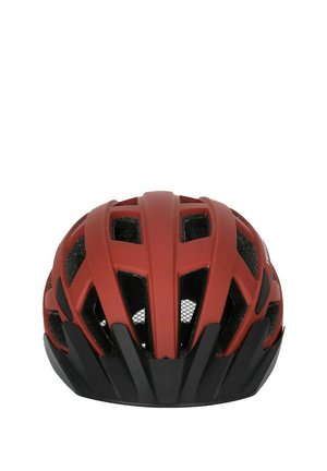 Rød cykelhjelm med sorte accenter, der har et ventileret design, aerodynamisk form og flere riller til luftstrøm samt letvægts konstruktion.