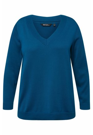 Jersey de cuello en V en un tono azul pizarra profundo, fabricado en tejido de punto, con mangas largas, puños y dobladillo acanalados, textura suave y un ajuste relajado.