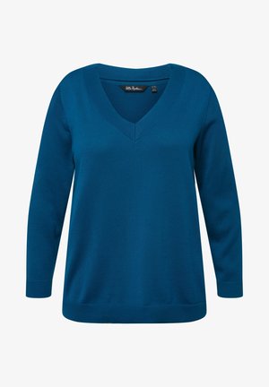 V-hals trui in diep teal, gebreide stof, lange mouwen, geribde manchetten en zoom, met een soepele textuur en een ontspannen pasvorm.