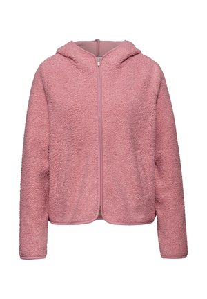 Rosa Kapuzenfleecejacke mit durchgehendem Reißverschluss, langen Ärmeln und weichem Textil.