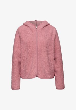 Rosa Kapuzenfleecejacke mit durchgehendem Reißverschluss, langen Ärmeln und weichem Textil.