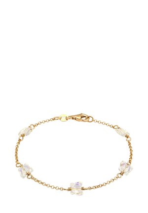 Goldene Kettenarmband mit fünf klaren Kristall-Schmetterlings-Anhängern mit irisierender Oberfläche und einem Klappverschluss.