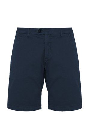 Shorts da uomo blu navy con passanti per cintura, bottone frontale, cerniera e tasche laterali, mostrati su sfondo bianco.