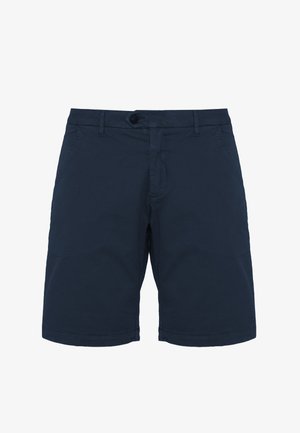 Shorts da uomo blu navy con passanti per cintura, bottone frontale, cerniera e tasche laterali, mostrati su sfondo bianco.
