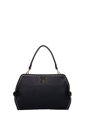 Borsa nera in pelle strutturata con rifiniture ricamate bianche, minuteria dorata, manico superiore e logo "ER" dorato sul davanti.