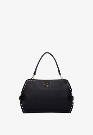 Borsa nera in pelle strutturata con rifiniture ricamate bianche, minuteria dorata, manico superiore e logo "ER" dorato sul davanti.