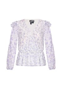 Blomsterprint bluse i lyse lilla og hvid. Har V-hals, pufærmer og en elastisk talje for en sammenlagt silhuet.