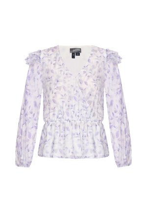 Blomsterprint bluse i lyse lilla og hvid. Har V-hals, pufærmer og en elastisk talje for en sammenlagt silhuet.