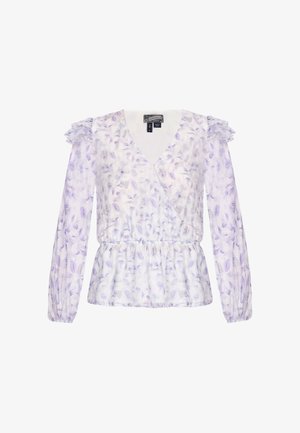 Bluse mit Blumenmuster in Helllila und Weiß. Hat einen V-Ausschnitt, Puffärmel und einen elastischen Bund für eine geraffte Silhouette.