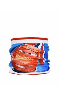 Multicolore nekwarmers gemaakt van zachte stof. Bevat een groot cartoonfiguur, met een rood en blauw ontwerp en de tekst "LIGHTNING" onderaan.