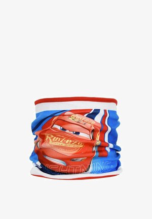 Multicolore nekwarmers gemaakt van zachte stof. Bevat een groot cartoonfiguur, met een rood en blauw ontwerp en de tekst "LIGHTNING" onderaan.