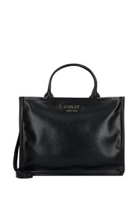 Borsa tote nera in pelle con una texture liscia, dotata di due manici e una tracolla removibile. Logo in rilievo dorato sulla parte frontale.