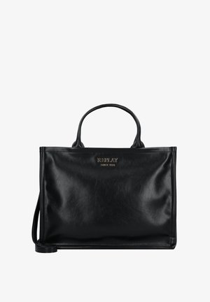 Black leather tote bag with a smooth texture, featuring two handles and a detachable shoulder strap. Gold embossed logo on the front.