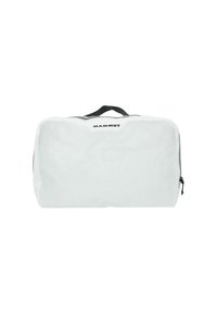 Bolso Mammut blanco de forma rectangular, hecho de un material suave. Cuenta con un asa superior negra y un cierre de cremallera a lo largo del costado.