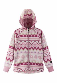Fleece-Zip-Hoodie in Pink mit geometrischen Mustern; verfügt über eine Kapuze und gerippte Bündchen. Das Design umfasst Zickzackmuster und Schneeflocken.