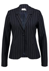 Marinblå blazer med vita vertikala ränder, enkelknäppt stängning, två framfickor och skarpa slag. Tillverkad av ett slätt tyg med skräddarsydd passform.