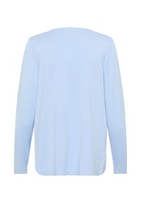 Hellblauer Pullover mit langen Ärmeln und rundem Ausschnitt, weiche Textur und gerippte Bündchen. Verfügt über einen geraden Schnitt und einen etwas längeren Rückenteil.