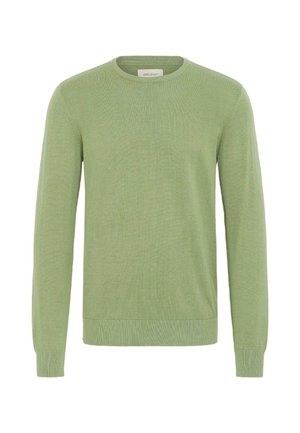 Hele roheline pehme kootud kangast pullover, millel on ümar kaelus, pikad varrukad ning soonikkoes ääred ja mansetid.