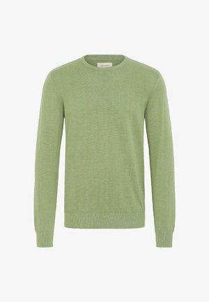 Hele roheline pehme kootud kangast pullover, millel on ümar kaelus, pikad varrukad ning soonikkoes ääred ja mansetid.