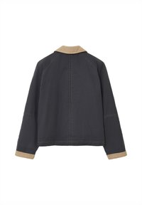 Giacca grigio scuro con colletto e polsini in corda beige, mostrata dal retro con cuciture visibili su uno sfondo bianco.