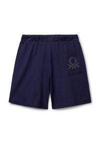 Shorts bleu marine avec taille élastique et une poche arrière, arborant un logo abstrait gris foncé sur le côté droit.