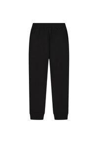 Schwarze Sweatpants aus Baumwolle mit elastischem Bund, gerippten Bündchen an den Knöcheln und glatter Textur. Einfaches, einheitliches Design.