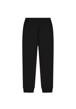 Pantalones de chándal negros hechos de material de algodón, con una cintura elástica, puños en los tobillos y una textura suave. Diseño simple y uniforme.