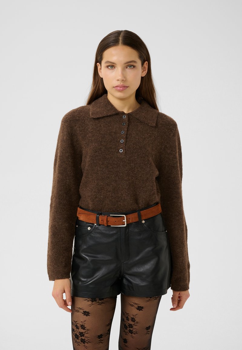 Brown wool knit sweater with a collar and a button placket, paired with black leather shorts and a brown leather belt. Black floral tights.