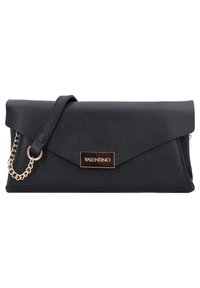 Black leather clutch bag with an envelope shape, gold chain strap, and a rectangular logo plate on the front. Smooth texture and sleek design.