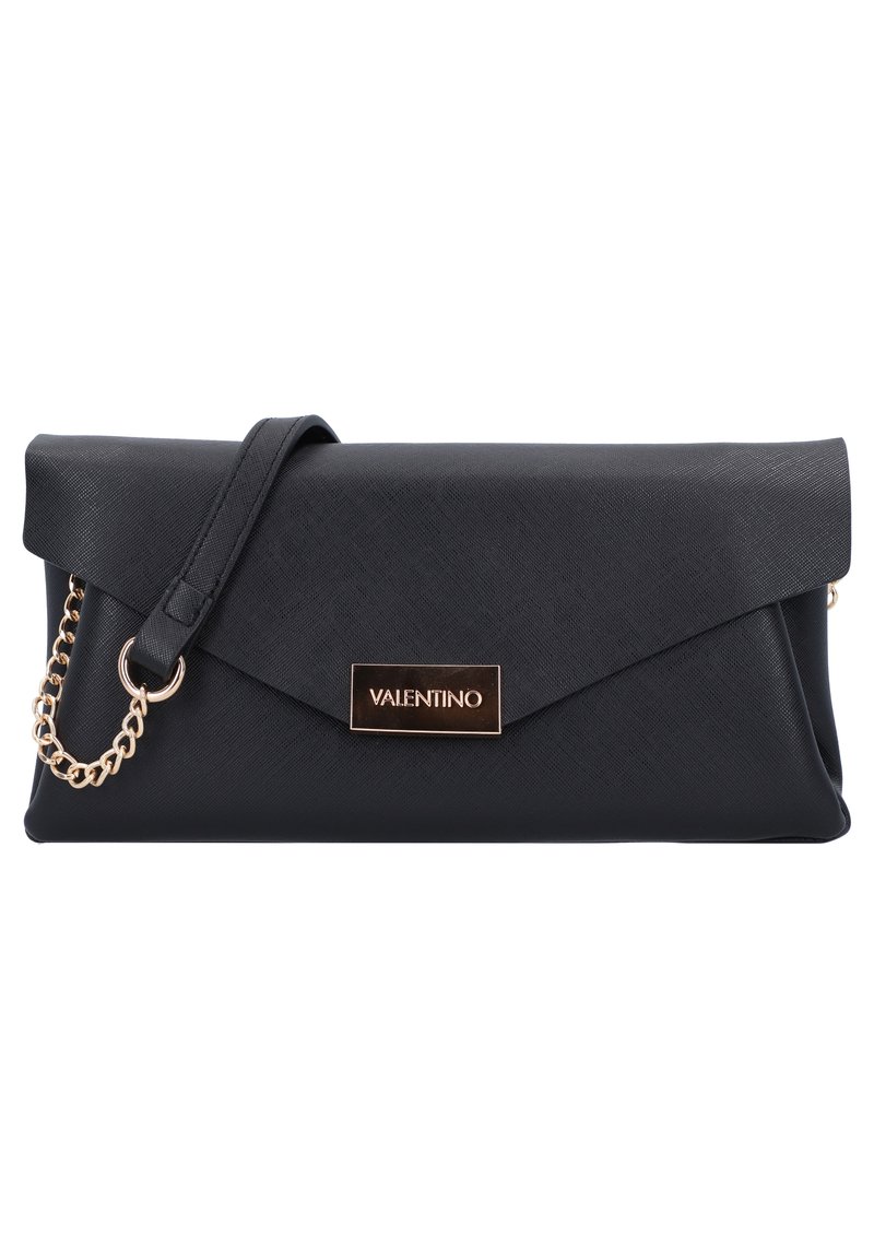 Black leather clutch bag with an envelope shape, gold chain strap, and a rectangular logo plate on the front. Smooth texture and sleek design.