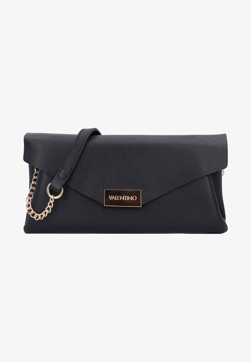 Black leather clutch bag with an envelope shape, gold chain strap, and a rectangular logo plate on the front. Smooth texture and sleek design.