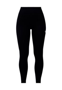 Schwarze hochgeschnittene Leggings aus dehnbarem Stoff, mit Seitentaschen, einer glatten Textur und einem kleinen Logodetail an der Hüfte.