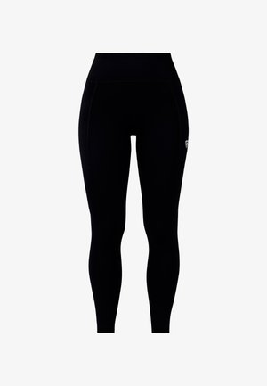 Černé legíny s vysokým pasem vyrobené z elastického materiálu, s bočními kapsami, hladkým povrchem a malým logem na boku.