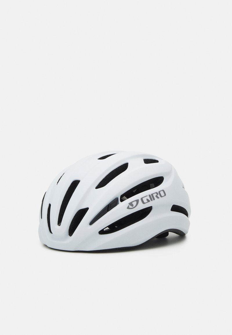 Capacete de bicicleta Giro, branco brilhante com aberturas pretas, design ergonómico, leve, apresentando um logótipo de lado e uma forma aerodinâmica.