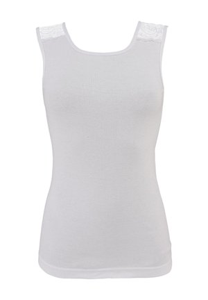 Biała dopasowana koszulka na ramiączkach bez rękawów z koronkową lamówką na ramiączkach, wyłożona na płaskiej powierzchni bez tła.