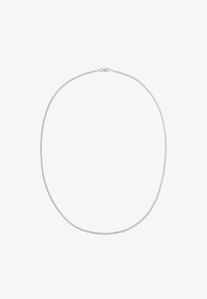 Collana sottile in argento con una piccola chiusura a moschettone su sfondo bianco.