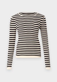 Pull en maille côtelée à manches longues avec des rayures horizontales noires et crème et un col rond.