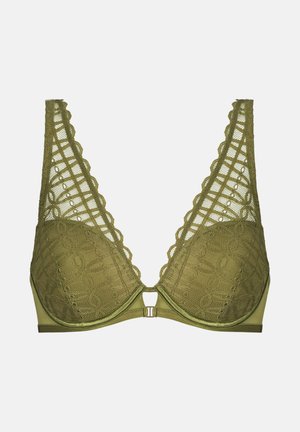 Olivgrüner Spitzen-BH mit tiefem V-Ausschnitt, gezackten Kanten und geometrischen Mustern. Mit Rückenverschluss und metallischem Verschluss ausgestattet.