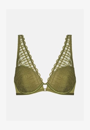 Olivgrüner Spitzen-BH mit tiefem V-Ausschnitt, gezackten Kanten und geometrischen Mustern. Mit Rückenverschluss und metallischem Verschluss ausgestattet.
