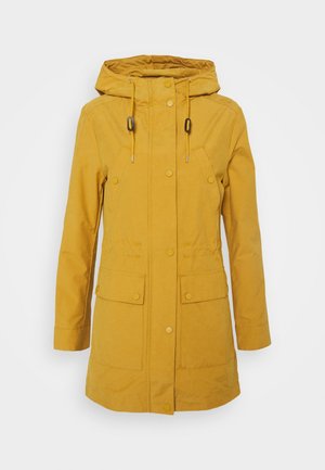 Senfgelber Regenmantel mit Kapuze, vorderen Druckknöpfen, verstellbaren Kordelzügen, zwei Klappentaschen und langen Ärmeln.