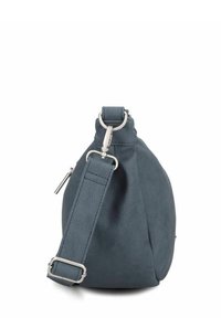Bolso bandolera de cuero gris oscuro con correa ajustable, herrajes metálicos plateados y cierre de cremallera sobre un fondo blanco.