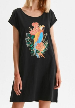 Černé šaty s kulatým výstřihem a krátkými rukávy, na přední straně potisk s barevným papouškem a květinovým motivem. Měkká textura látky.