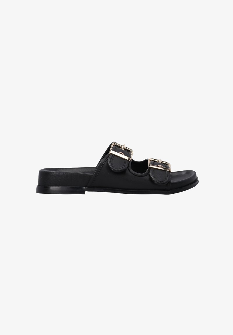Black flat sandals featuring two buckle straps, rounded toe, and smooth leather texture on a low, slightly rounded sole.
