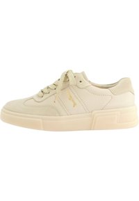 Beige sneakers med en glatt tekstur, med snøring, polstret krage og en kraftig såle. Gull logo detalj på siden.