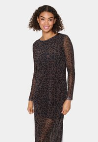 Sheer long-sleeve dress in brown with a black leopard print, featuring a straight silhouette and round neckline.