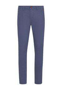 Chinos ajustés, bleu marine, en tissu mélangé de coton, dotés d'une fermeture à bouton, de poches latérales et de détails de couture minimalistes.