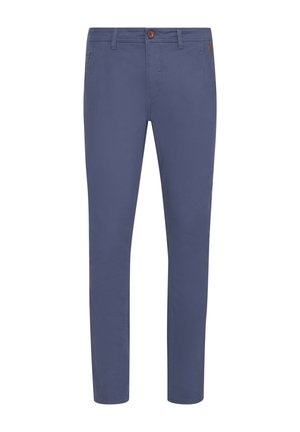 Chinos ajustados de color azul marino, fabricados con una mezcla de algodón, que cuentan con cierre de botón, bolsillos laterales y detalles de costura mínimos.